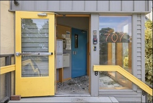 Yellow entry and exterior stairs