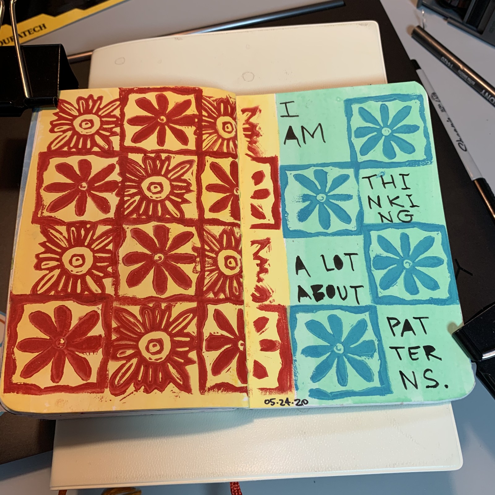 Block print in sketchbook